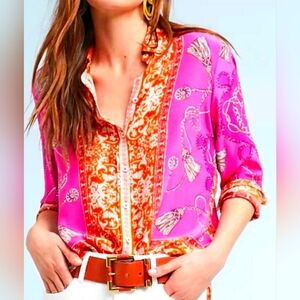 Maeve by Anthropologie Potala 100% Silk Pink Orange Print Button Down Blouse